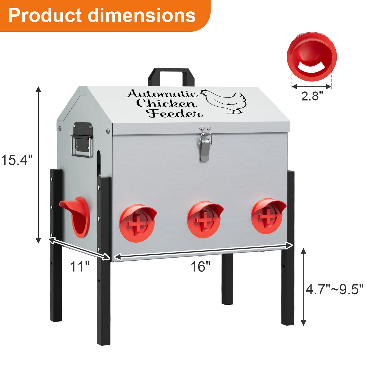 50LB Automatic Chicken Feeder, Metal Chicken Feeder with Window, No-Waste Poultry Feeder with 8 Feeding Ports, Adjustable Height, Locking Lid & Weatherproof Design for Outdoor Coop
