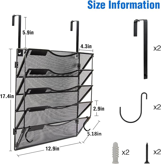 BOHDK Wall File Organizer 3 Pockets, Mail Organizer, Hanging Folder Holder, Foldable | Hanging or Wall Mounted | Label Panel | 2 Hooks | Office Home School Organizer, Black