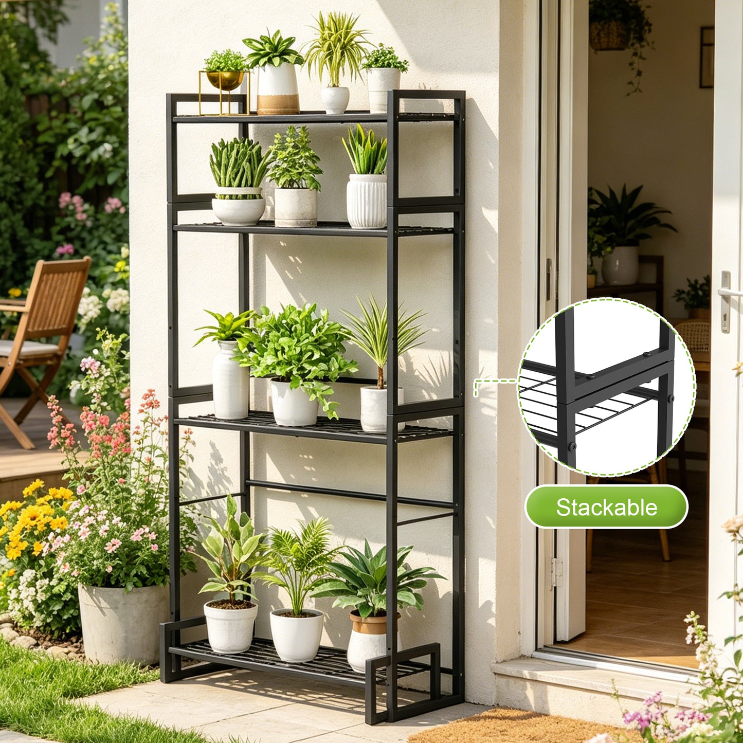 VyGrow Plant Stand, 4 Tier Stackable Tiered Plant Stand, Scalable Heavy Duty Tall Plant Shelf for Indoor Outdoor, Garden, Display Shelves, Flower Pot Holder, Blacken, Display Shelves, Flower Pot Holder, Black