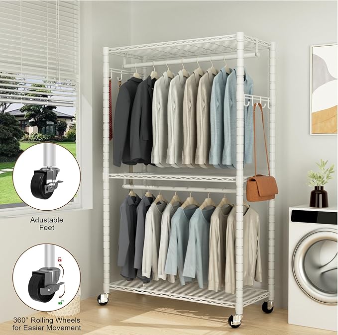 VyGrow Clothes Rack, Clothing Rack for Hanging Clothes, 3 Tiers Adjustable Heavy Duty Closet Organizer with Wheels | Double Rods | Side Hooks | Load 445lbs | 35.43" L x 15.7" W x 78.34" H | White