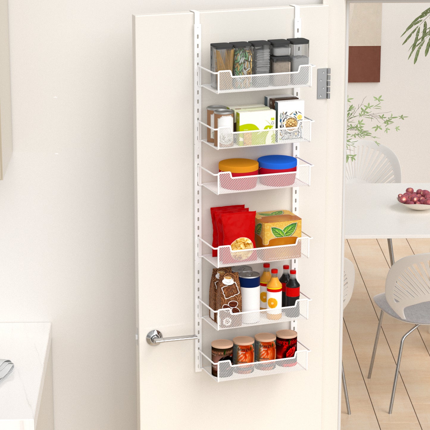 VyGrow 12.3" W Narrow Over the Door Pantry Organizer, 6-Tier Over the Door Organizer with Adjustable Basket, Pantry Door Organization for Pantry Kitchen Storage Room Spice Rack, White