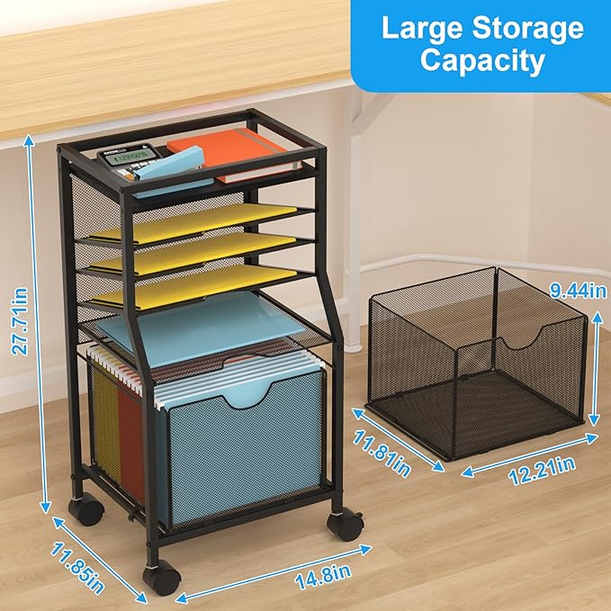 BOHDK Rolling File Cart, 6-Tier Desk File Organizer on Lockable Wheels, Black Wood Planks & Mesh Sliding Hanging Folder Drawer, Organization Cart for Office Home School