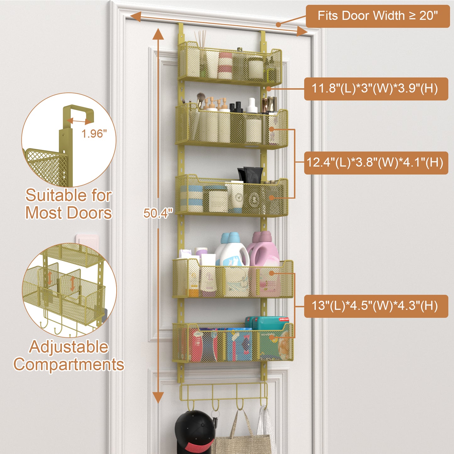 VyGrow Over The Door Organizer, Metal Door Organizer Hanging with 5 Adjustable Baskets and Coat Hook, Behind The Door Storage for Bedroom Closet Bathroom Pantry Cabinet Kitchen, Gold