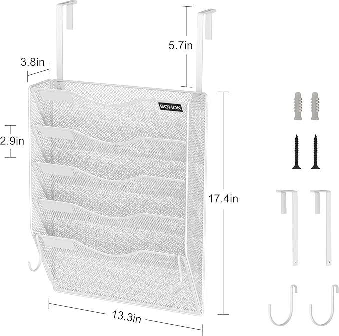 BOHDK Wall File Organizer, 5 Tire Hanging File Folder Organizer, Vertical Mesh Metal Door/Wall Mount Hanging File Holder, Paper Document Magazine Rack with Hooks for Home Office White