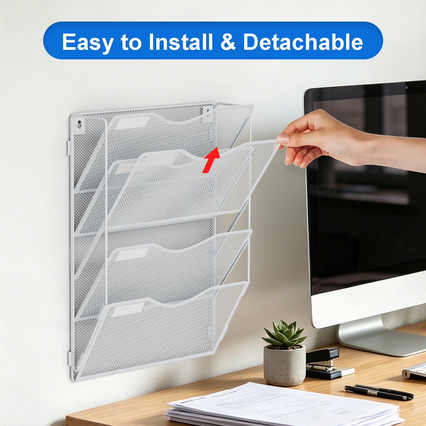 Wall File Organizer, Hanging File Folder Organizer, Vertical Mesh Metal Door/Wall Mount Hanging File Holder. Paper Document Magazine Rack with Hooks for Home Office Black (5 Pockets White)