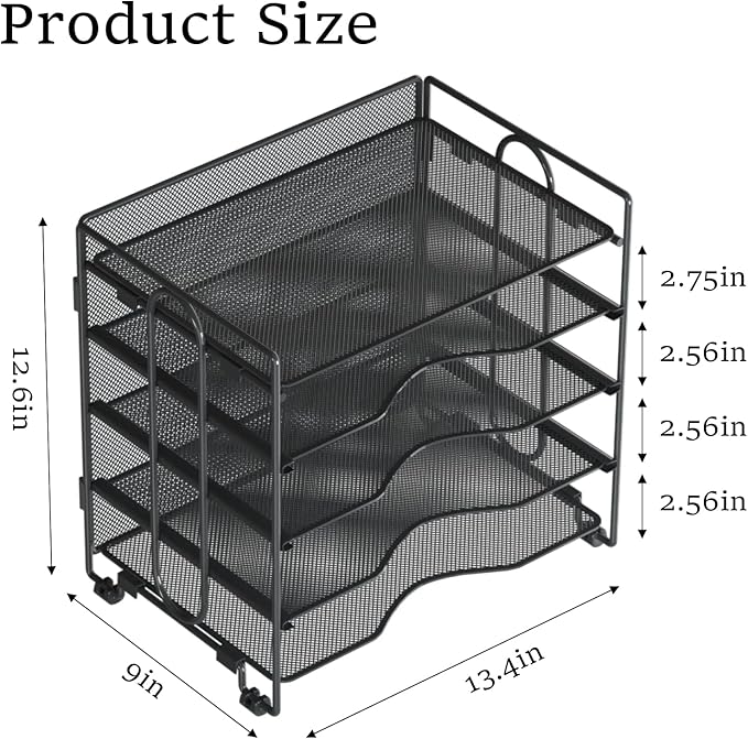 BOHDK Letter Tray Paper Organizer, 5 Tier Desk Organizers Black Mesh Stackable Paper File Holder for Home Office, Document Shelves and Sorter 13.4Lx9Wx12.6H inches