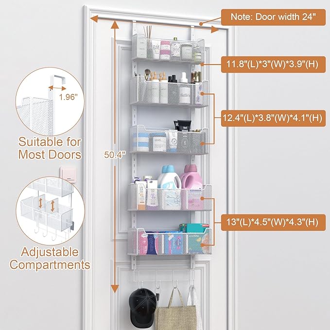 VyGrow Over The Door Organizer, Metal Door Organizer Hanging with 5 Adjustable Baskets and Coat Hook, Behind The Door Storage for Bedroom Closet Bathroom Pantry Cabinet Kitchen, White