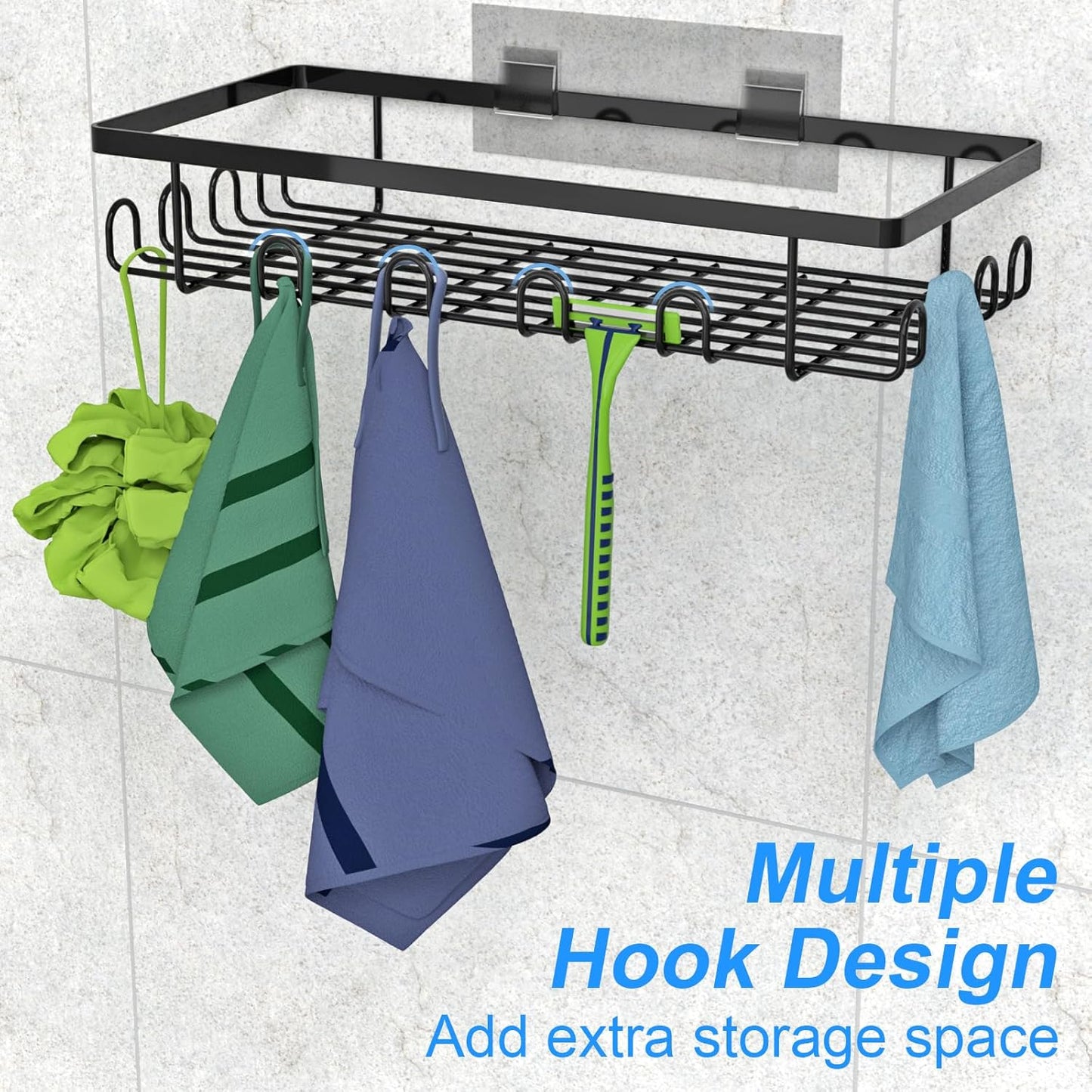 VyGrow 3 Pack Adhesive Shower Caddy with 36 Hooks, Shower Organizer with Large Capacity, Rust Proof Shower Shelves Drill Free, for Bathroom Storage & Home Decor, Black