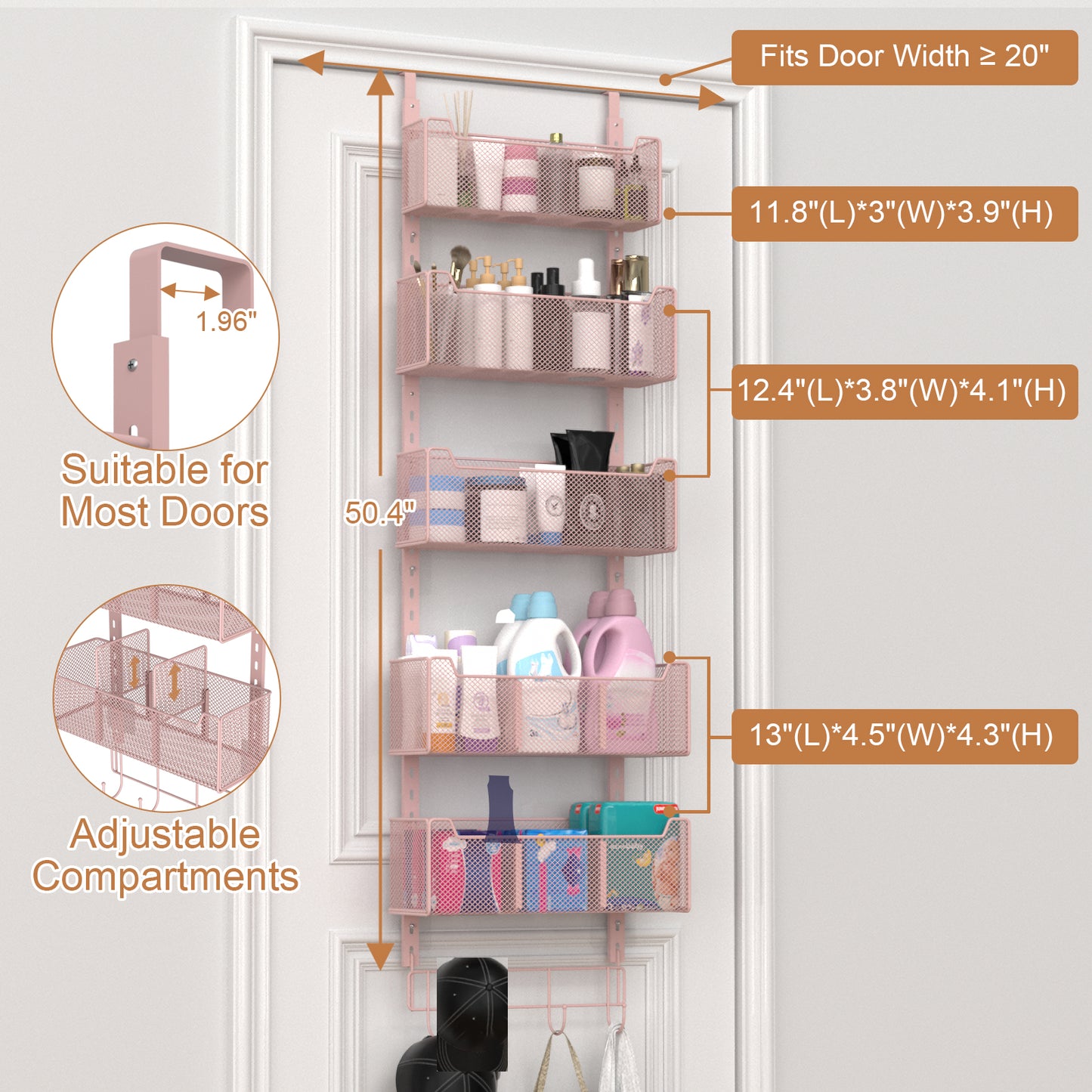 VyGrow Over The Door Organizer, Metal Door Organizer Hanging with 5 Adjustable Baskets and Coat Hook, Behind The Door Storage for Bedroom Closet Bathroom Pantry Cabinet Kitchen, Pink