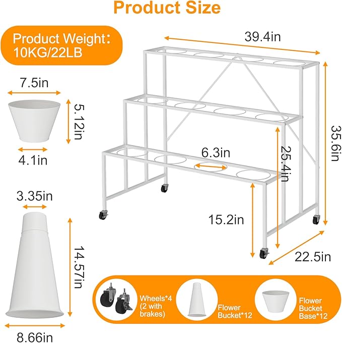 NEYCIL Flower Stand, 3-Tier Flower Display Stand with Buckets for Indoor Outdoor, Flower Cart Display Stand with Wheels for Courtyard, Balcony, Flower Shop, Wedding, Party, Exhibition, White
