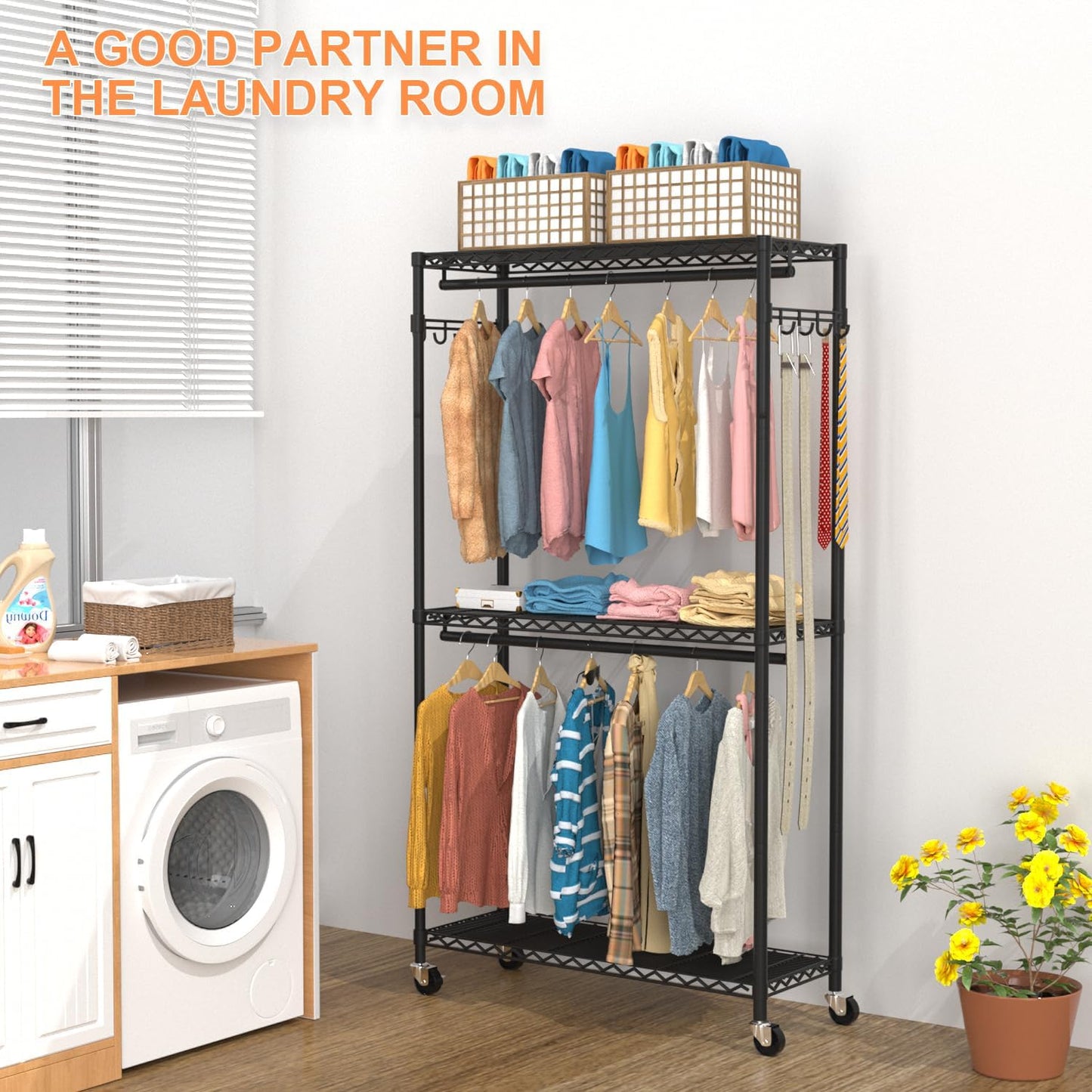 VyGrow Clothes Rack, Clothing Racks for Hanging Clothes, 3 Tiers Adjustable Garment Rack with Wheels | Double Rods | Side Hooks | Heavy Duty | Load 445lbs | 15.7" D x 35.43" W x 78.34" H | Black