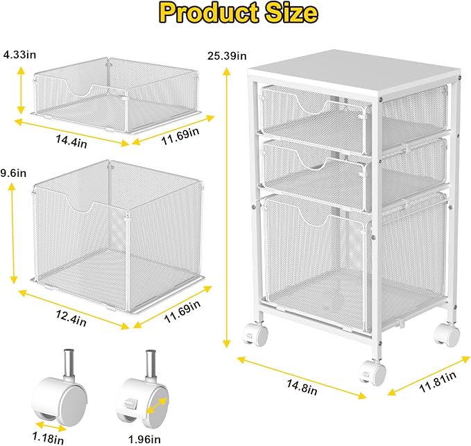 BOHDK Rolling File Cart with 3 Storage Drawers, Wood & Mesh Hanging File Folder Organizer with Wheels Under Desk, File Cabinets for Home Office, 11.81" D x 14.8" W x 25.39" H, White