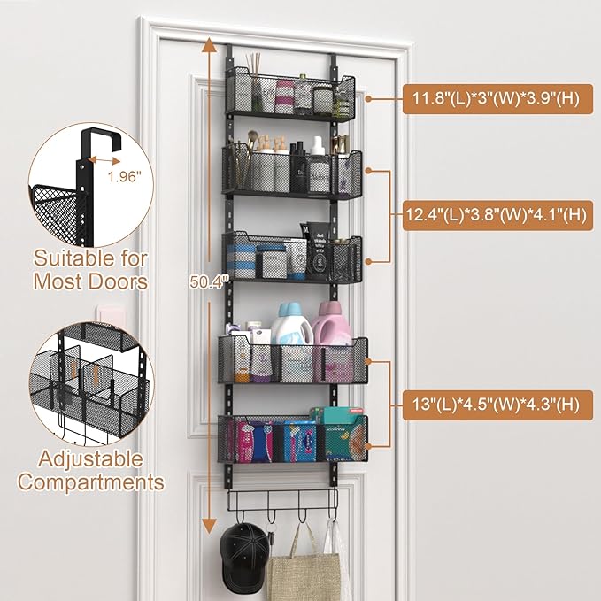 VyGrow Over The Door Organizer, Metal Door Organizer Hanging with 5 Adjustable Baskets and Coat Hook, Behind The Door Storage for Bedroom Closet Bathroom Pantry Cabinet Kitchen, Black