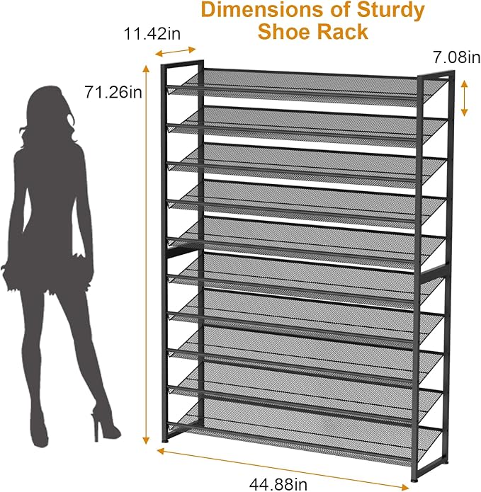 NEYCIL Large Shoe Rack 10 Tier Shoe Organizer, Heavy Duty Metal 5-Tier Stackable Shoe Storage Vertical Shoe Rack for Closet Front Door Entrance, Up to 62 Pairs, 44.8" W x 11.4" D x 71.2" H, Black