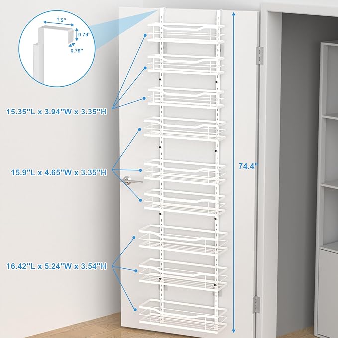 VyGrow 9-Tier Over The Door Pantry Organizer, Metal Pantry Organizers and Storage with Adjustable Basket, Spice Rack Seasoning Shelves, Over the Door Organizer for Pantry Kitchen Laundry, White