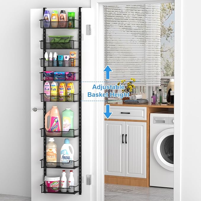 VyGrow 12.3" W Narrow Over the Door Pantry Organizer, 8-Tier Over the Door Organizer with Adjustable Basket, Pantry Door Organization for Pantry Kitchen Storage Room Spice Rack, Black