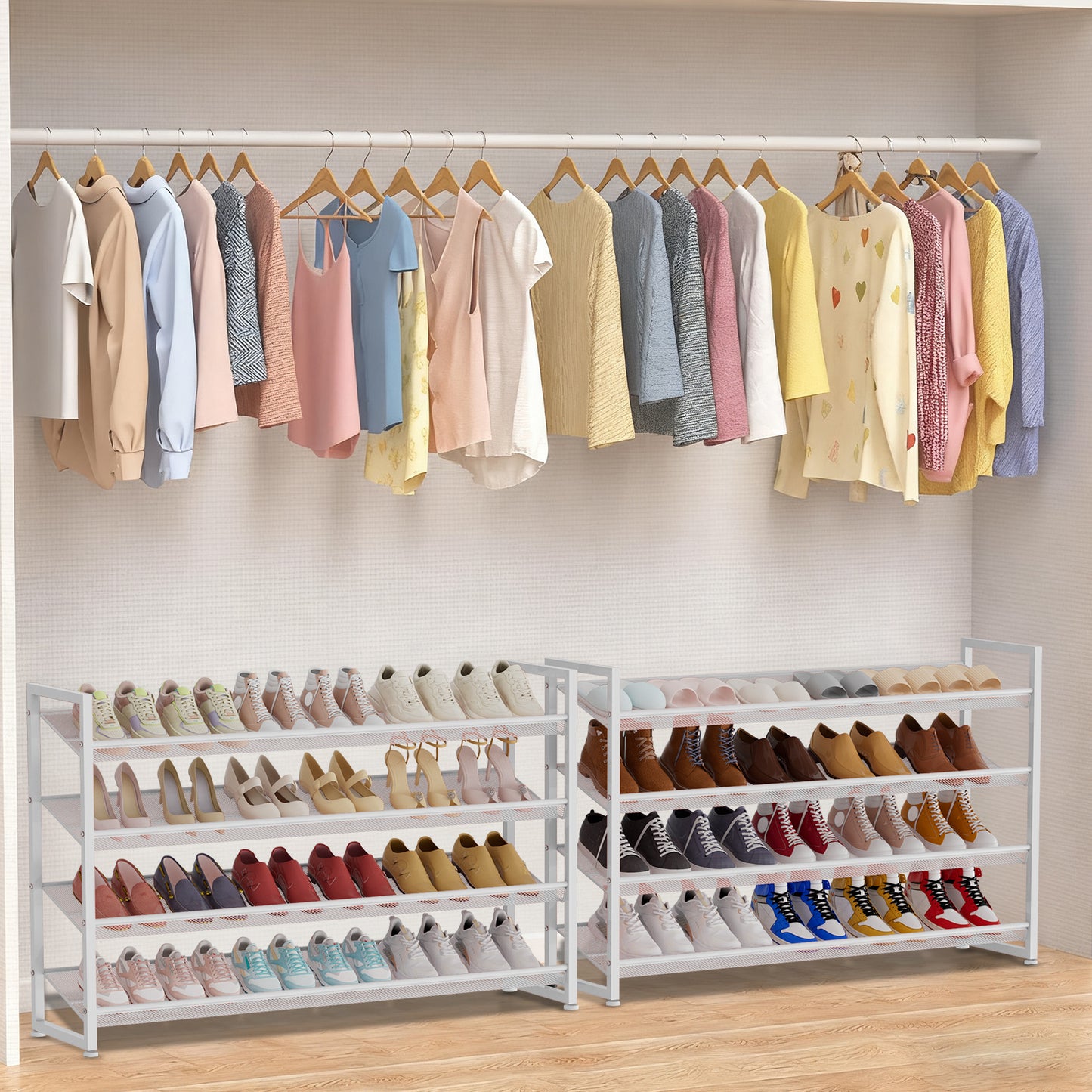 Large Shoe Rack 8 Tier Shoe Organizer, Heavy Duty Metal 4-Tier Stackable Shoe Storage Vertical Shoe Rack for Closet Front Door Entrance, Up to 50 Pairs, 44.8" W x 11.4" D x 56.7" H, White