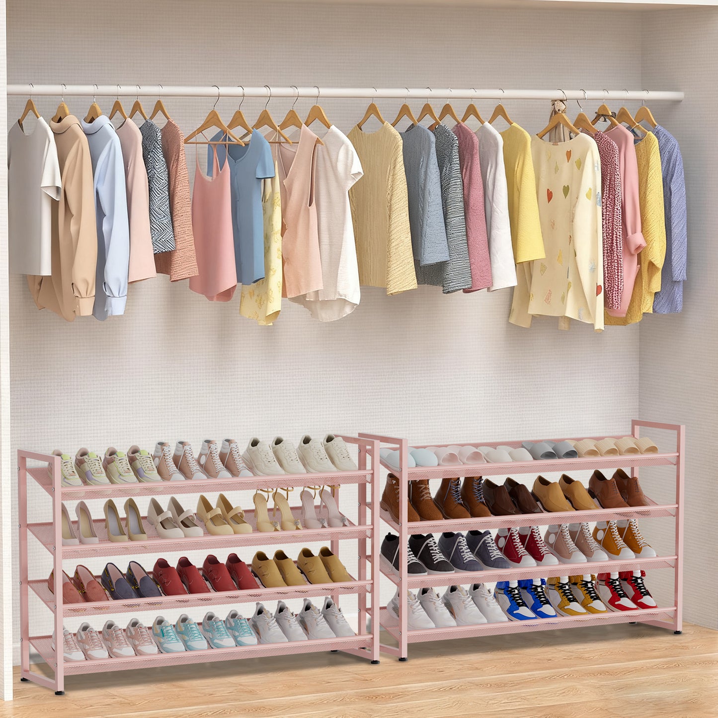 Large Shoe Rack 8 Tier Shoe Organizer, Heavy Duty Metal 4-Tier Stackable Shoe Storage Vertical Shoe Rack for Closet Front Door Entrance, Up to 50 Pairs, 44.8" W x 11.4" D x 56.7" H, Pink