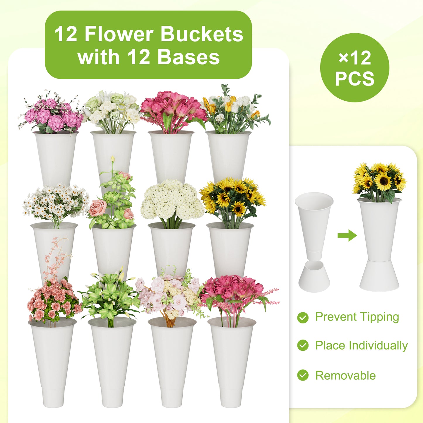 Flower Stand, 3 Tier Flower Display Stand with 12 Buckets, Upgrade Double Circle No Shaking, Outdoor Flower Cart with Wheels for Patio, Garden, Shop, Wedding, Party, Exhibition, Indoor, Gold