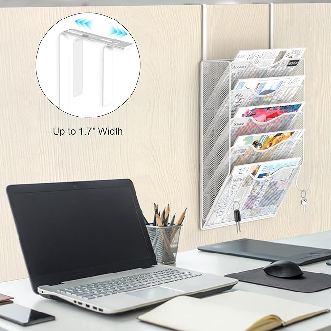 BOHDK Wall File Organizer, 5 Tire Hanging File Folder Organizer, Vertical Mesh Metal Door/Wall Mount Hanging File Holder, Paper Document Magazine Rack with Hooks for Home Office White