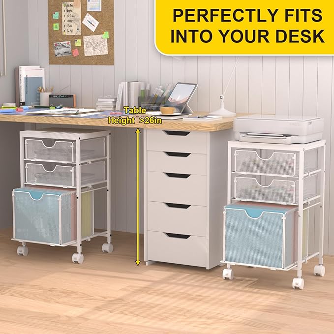 BOHDK Rolling File Cart with 3 Storage Drawers, Wood & Mesh Hanging File Folder Organizer with Wheels Under Desk, File Cabinets for Home Office, 11.81" D x 14.8" W x 25.39" H, White