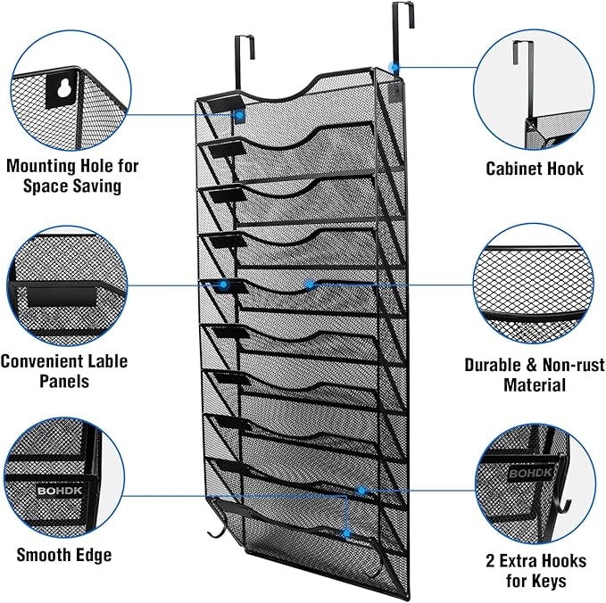 BOHDK Wall File Organizer, 10 Tire Hanging File Folder Mail Organizer, Vertical Mesh Metal Door/Wall Mount Hanging File Holder, Paper Document Magazine Rack with Hooks for Home Office Black