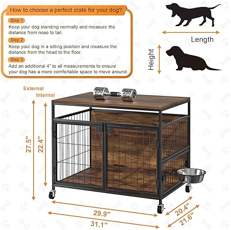 VyGrow Dog Crate Furniture with Wheels, 31" Heavy Duty Wooden Side End Table, Indoor Dog Kennel Furniture for Small/Medium Dog, Double Doors & 360 Degree Rotating Stainless Bowl 31" Lx21.6 Wx27.5 H