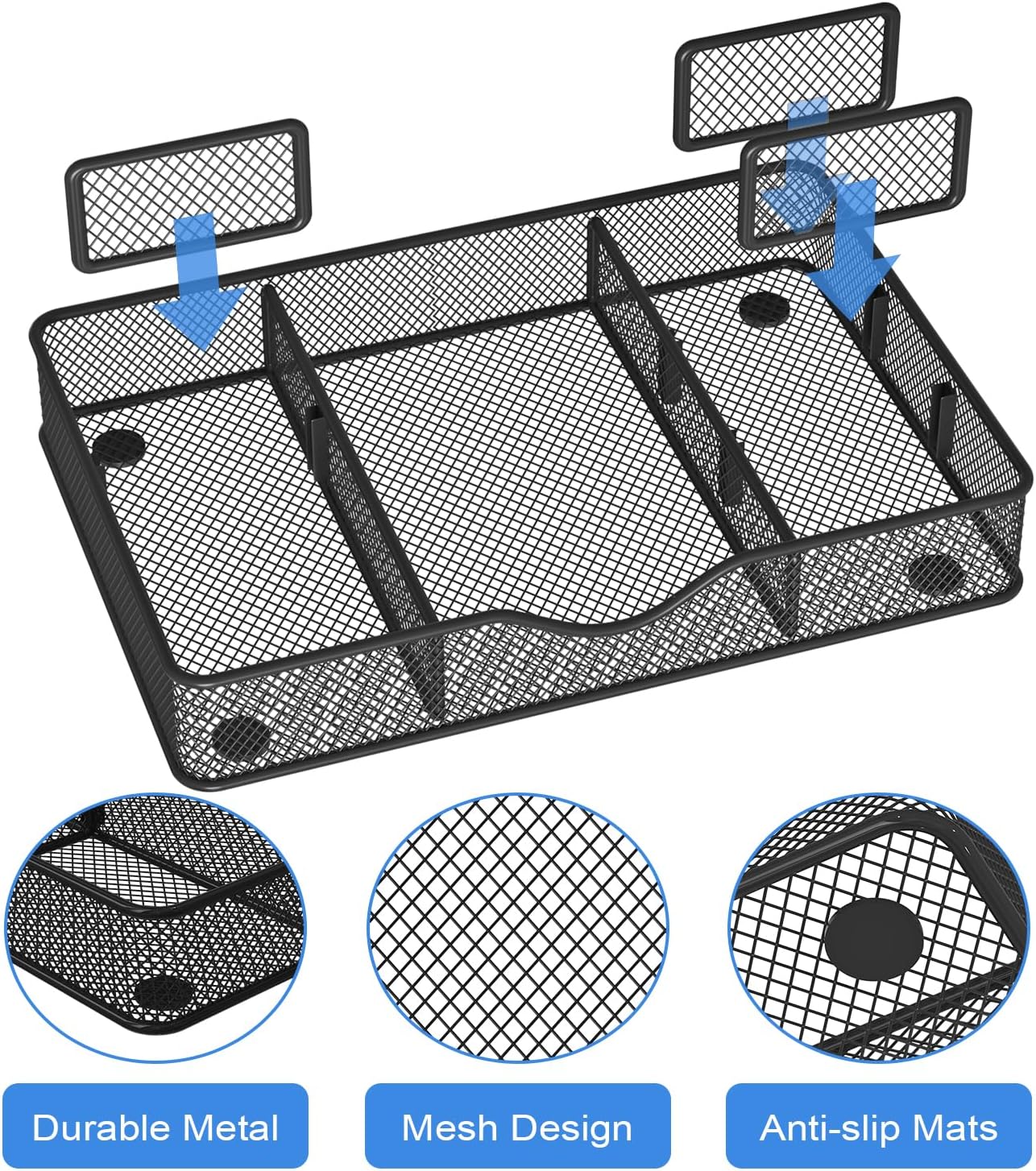 VyGrow Desk Drawer Organizer, Metal Mesh Drawer Organizer Tray with 6 Adjustable Compartment, Tray Organizer for Desktop, Kitchen, Bathroom, Makeup, Vanity - 14.5x8.8x1.96 inch, Black, 1PC Large