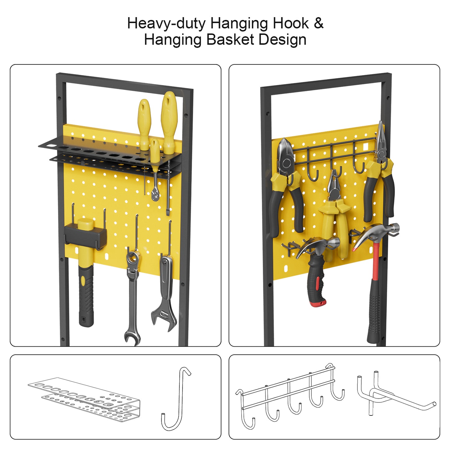 Power Tool Organizer Cart with Charging Station, Heavy Duty Garage Tool Organizer Rolling Tool Battery Storage with 8-Outlet Power Strip, 4 Wheels, 2 Hanging Baskets, Hooks, Drill Bit Holder, Yellow