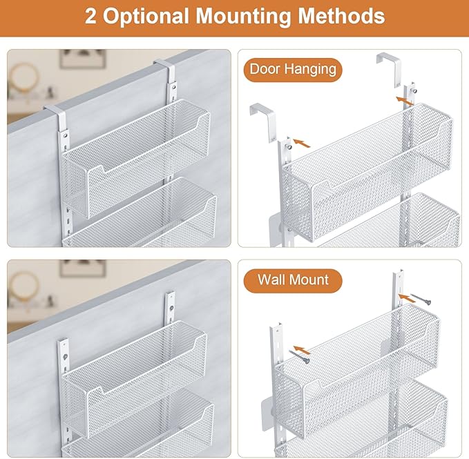 VyGrow Over The Door Organizer, Metal Door Organizer Hanging with 5 Adjustable Baskets and Coat Hook, Behind The Door Storage for Bedroom Closet Bathroom Pantry Cabinet Kitchen, White