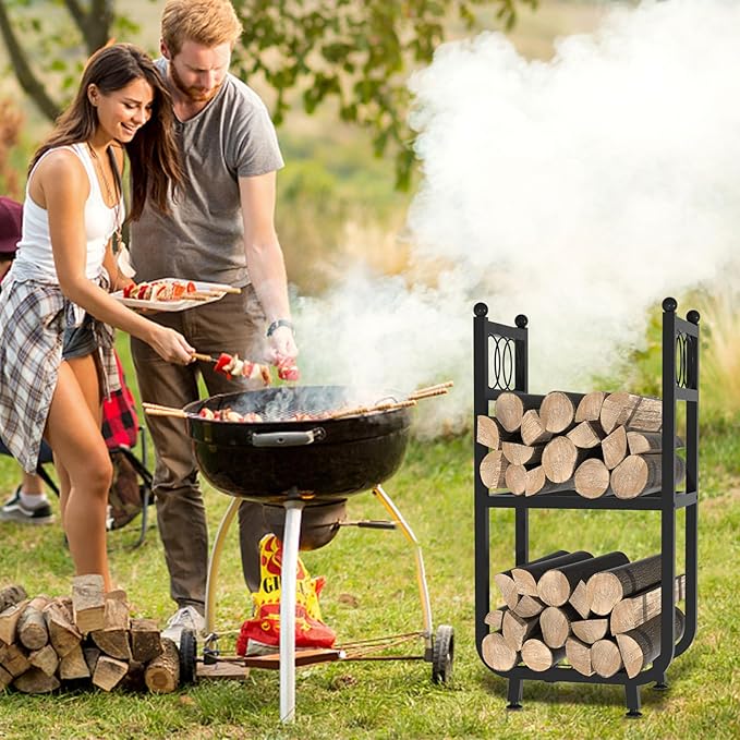 VyGrow Firewood Rack for Indoor Outdoor, 2-Tier Firewood Holder, Heavy Duty Wood Rack for Fireplace, Outdoor Patio, Fire Pit, Black