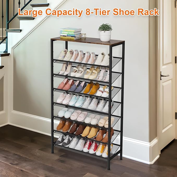 NEYCIL Large Shoe Rack 8 Tier Shoe Organizer, Heavy Duty Metal Shoe Storage Vertical Shoe Rack for Closet Front Door Entrance, Up to 28 Pairs, Top Wooden Storage Shelf, Black