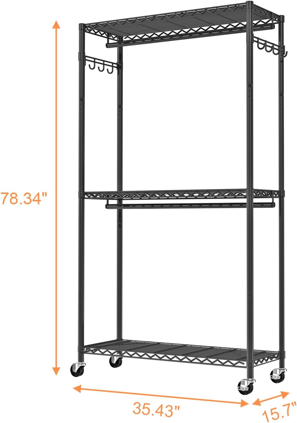 VyGrow Clothes Rack, Clothing Racks for Hanging Clothes, 3 Tiers Adjustable Garment Rack with Wheels | Double Rods | Side Hooks | Heavy Duty | Load 445lbs | 15.7" D x 35.43" W x 78.34" H | Black