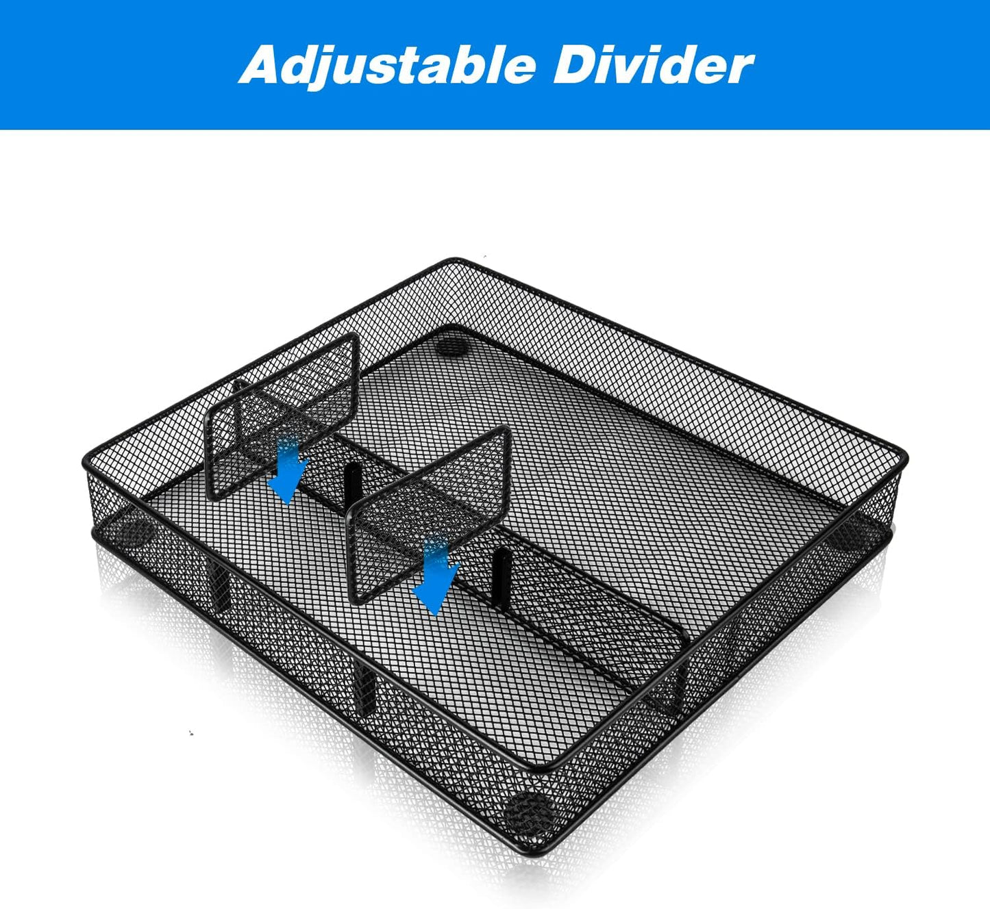 VyGrow Desk Drawer Organizer Tray, Metal Mesh Drawer Organizers Office, 4 Grid with Adjustable Compartment, Desk Organizer Tray for Home Office 12x10.6x1.9 inch Black, 2 Pack