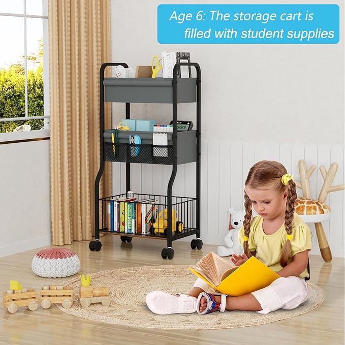 NEYCIL Baby Organizers and Storage, 3-Tier Diaper Caddy Organizer Cart with Lockable Wheels | 4+3 Dividers, Cart for Baby Supplies, Baby Organization for Nursery, Bedroom, Bathroom