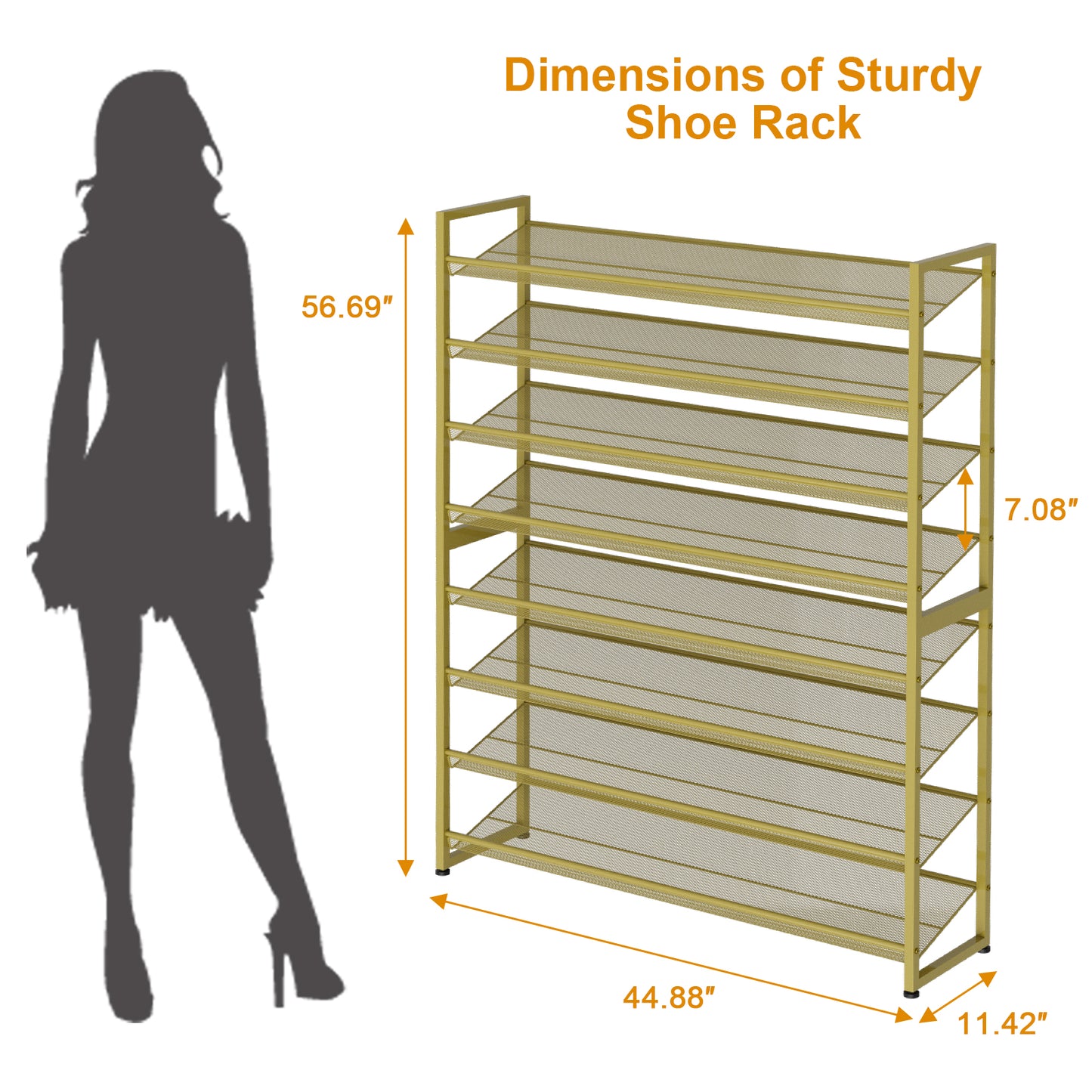 Large Shoe Rack 8 Tier Shoe Organizer, Heavy Duty Metal 4-Tier Stackable Shoe Storage Vertical Shoe Rack for Closet Front Door Entrance, Up to 50 Pairs, 44.8" W x 11.4" D x 56.7" H, Gold