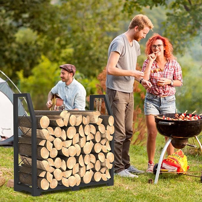 VyGrow Firewood Rack for Outdoor, Firewood Holder with 3 Hanging Hooks, Heavy Duty Wood Rack for Indoor Outdoor Patio, Black