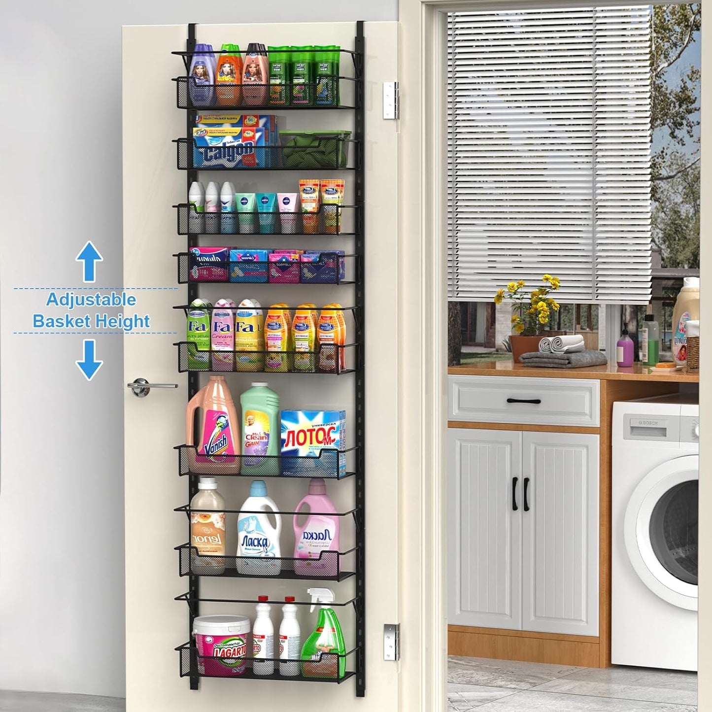 VyGrow Over the Door Pantry Organizer, 8-Tier Over the Door Organizer with Adjustable Basket, Pantry Door Organization for Pantry Kitchen Storage Room Spice Rack, Black