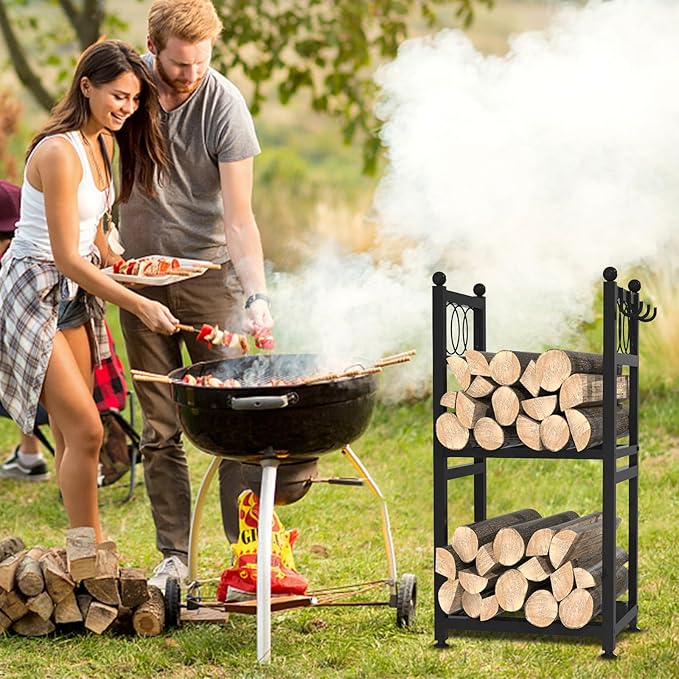 VyGrow Firewood Rack for Indoor Outdoor, 2-Tier Firewood Holder with 3 Hanging Hooks, Heavy Duty Wood Rack for Fireplace, Outdoor Patio, Fire Pit, Black