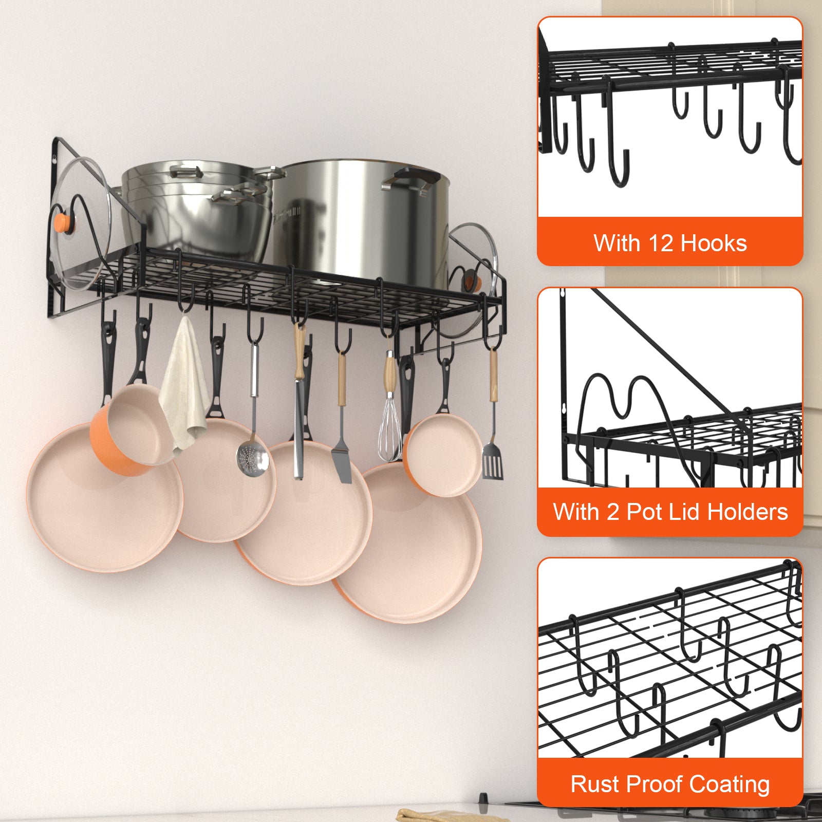 VyGrow 28 Inch Pot Rack Wall Mounted, Pots and Pans Organizer with 12 Hooks and 2 Pot Lid Holders, Heavy Duty Steel Pot and Pan Hanger for Kitchen Cookware Utensils Storage 34.7