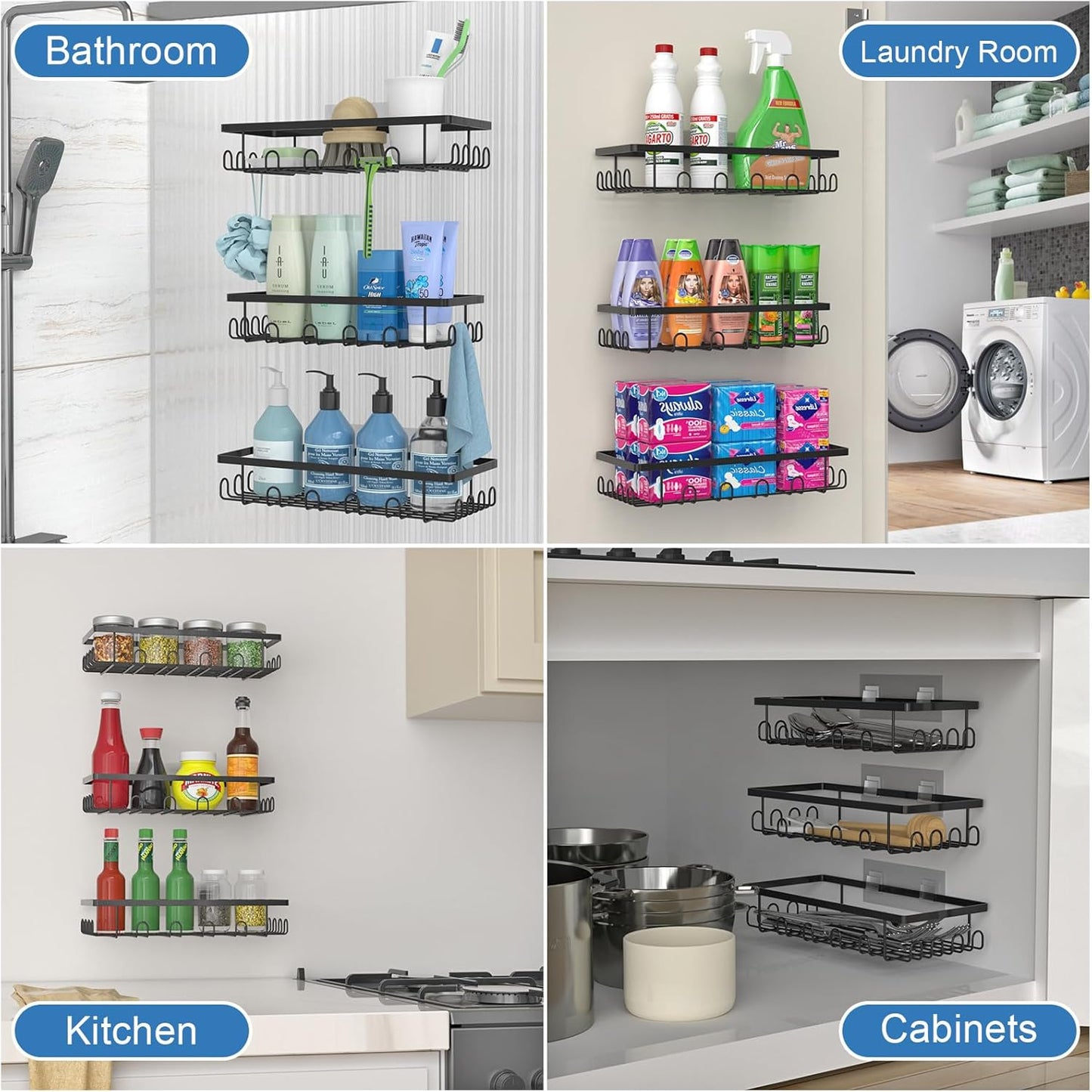 VyGrow 3 Pack Adhesive Shower Caddy with 36 Hooks, Shower Organizer with Large Capacity, Rust Proof Shower Shelves Drill Free, for Bathroom Storage & Home Decor, Black