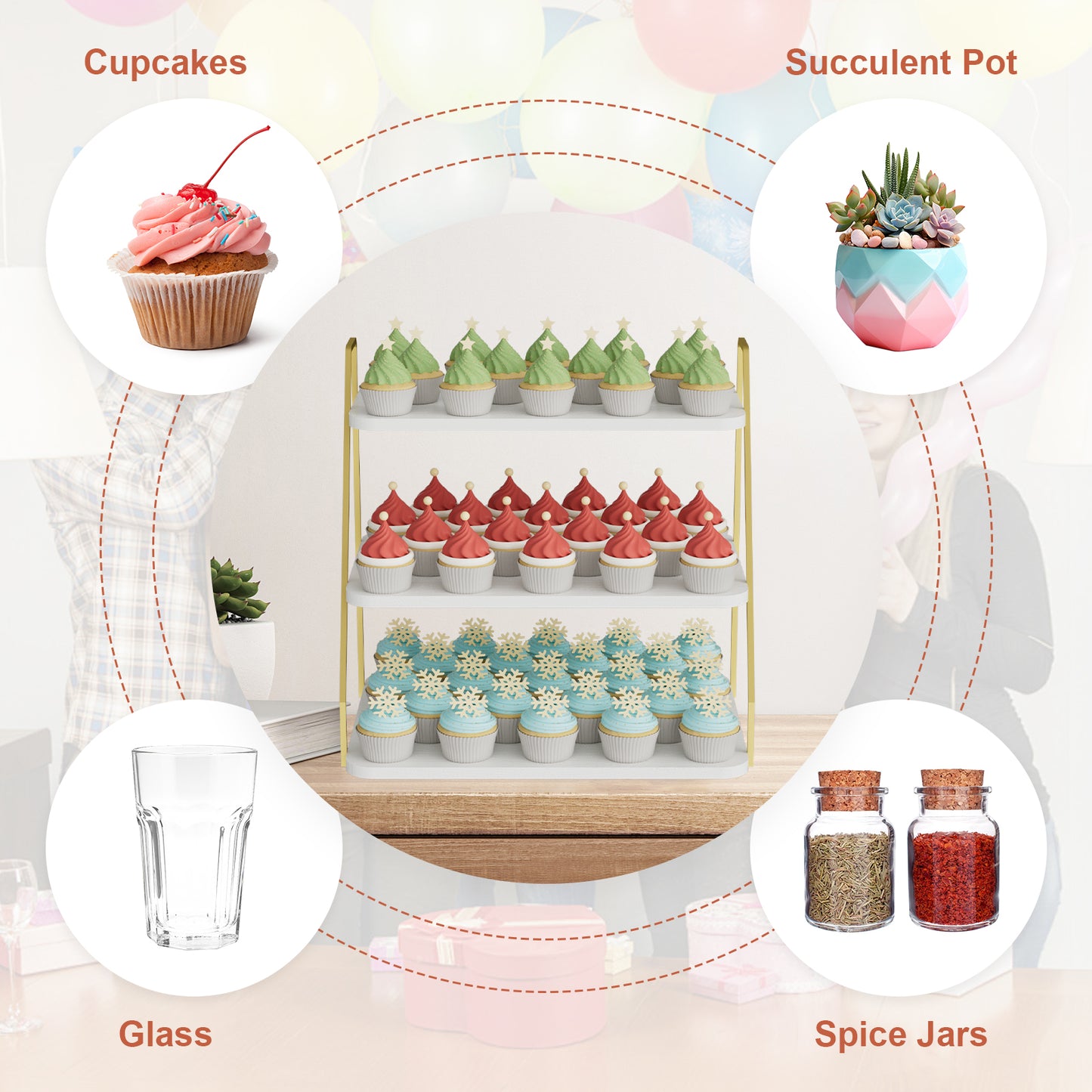 VyGrow Cupcake Stand, 3-Tier Dessert Stand for 55 Cupcakes, Wood & Metal Tower Display Premium Holder Dessert Tree Tower for Christmas Birthday Weddings Party Decor, Serving Tray