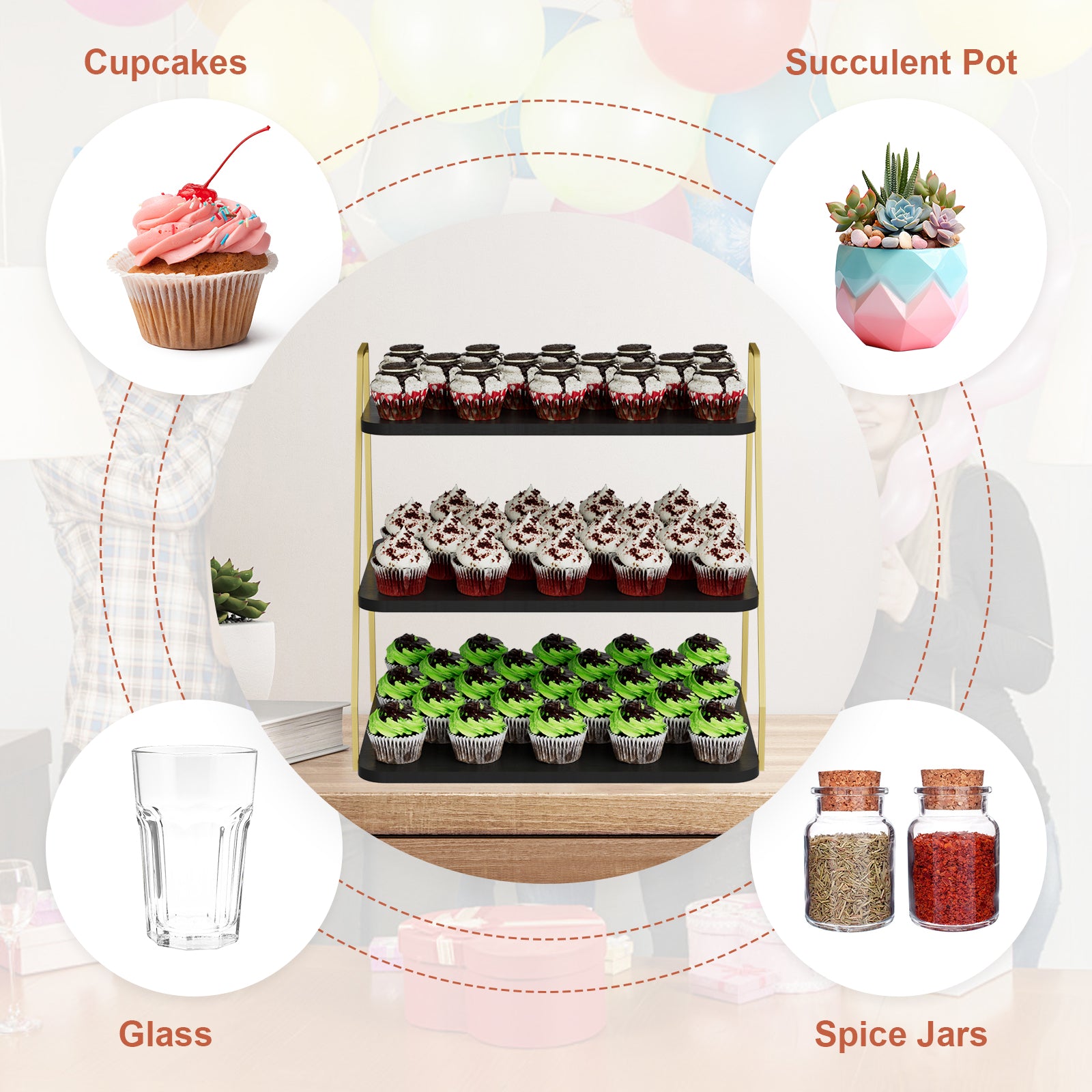 VyGrow Cupcake Stand, 3-Tier Dessert Stand for 55 Cupcakes, Wood & Metal Tower Display Premium Holder Dessert Tree Tower for Christmas Birthday Weddings Party Decor, Serving Tray (Black & Gold)