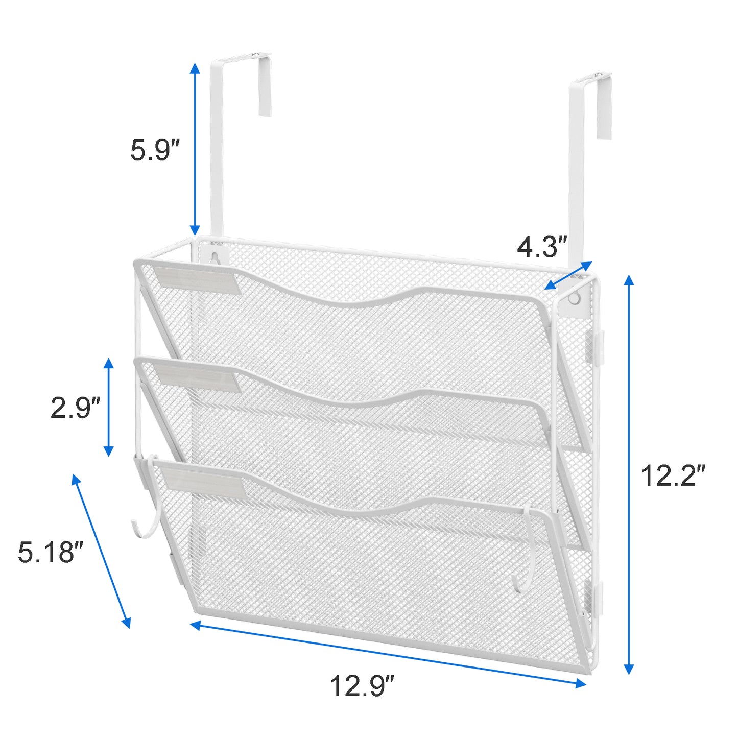 Wall File Organizer, Hanging File Folder Organizer, Vertical Mesh Metal Door/Wall Mount Hanging File Holder. Paper Document Magazine Rack with Hooks for Home Office Black (3 Pockets White)