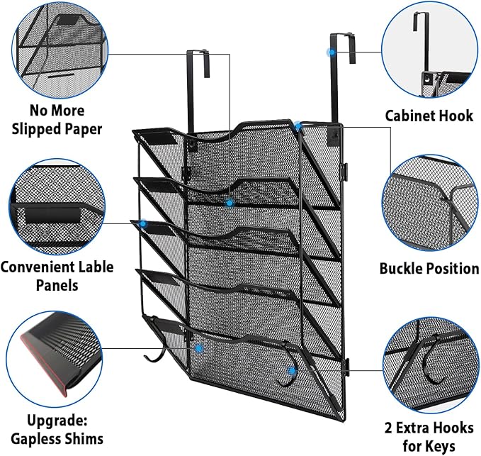 BOHDK Wall File Organizer 3 Pockets, Mail Organizer, Hanging Folder Holder, Foldable | Hanging or Wall Mounted | Label Panel | 2 Hooks | Office Home School Organizer, Black
