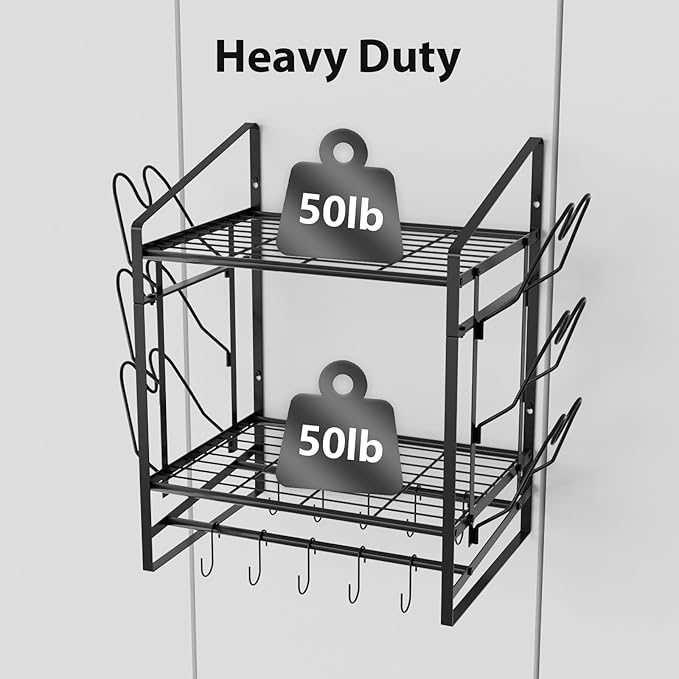 VyGrow 17 Inch Pot Rack Wall Mounted, 2 Tier Pots and Pans Organizer with 10 Hooks and 6 Pot Lid Holders, Heavy Duty Steel Pot and Pan Hanger for Kitchen Cookware Utensils Storage 24