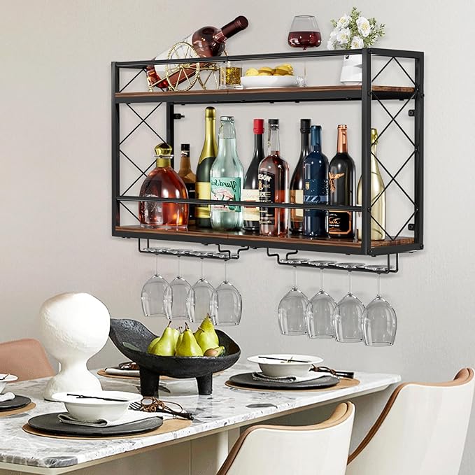 NEYCIL Wine Rack Wall Mounted 2 Tier Wall Wine Rack with Glass Holder, Double Layer Anti-Drop Crossbar, 31.5" Metal Wood Wall Mount Wine Holder for Home Kitchen Dining Room Coffee Shop Bar, Black