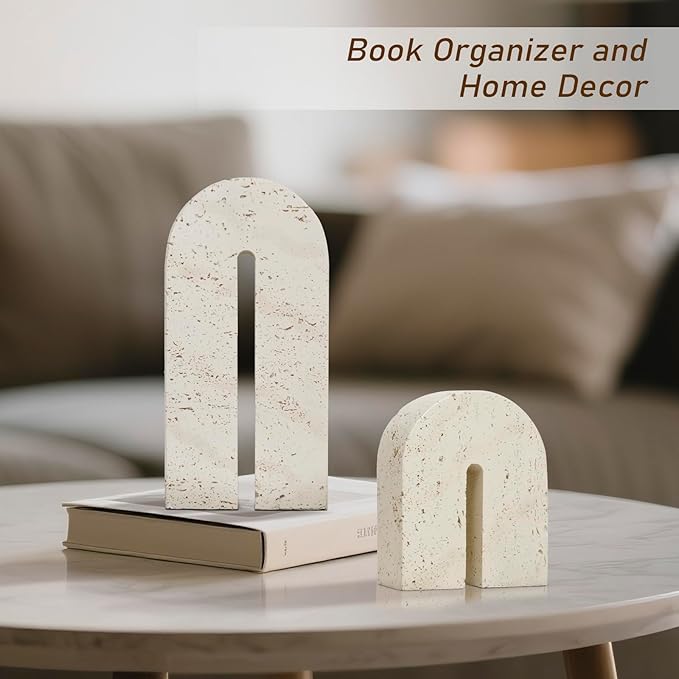 Book Ends for Shelves, Heavy Duty Decorative Bookends, Retro Arch Book Holder for Heavy Books, Imitation Travertine Book Stopper for Home Decor, Study, Bookshelf, Desktop, Set of Two