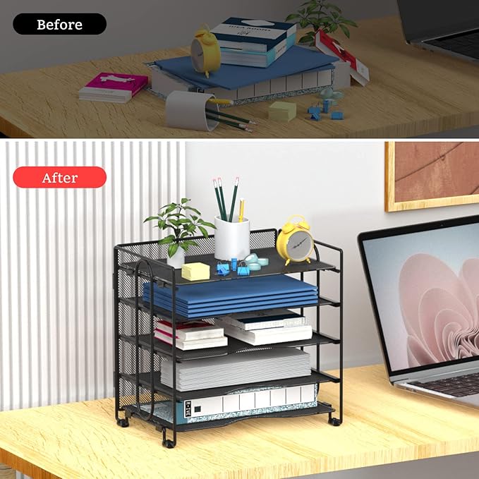 BOHDK Letter Tray Paper Organizer, 5 Tier Desk Organizers Black Mesh Stackable Paper File Holder for Home Office, Document Shelves and Sorter 13.4Lx9Wx12.6H inches