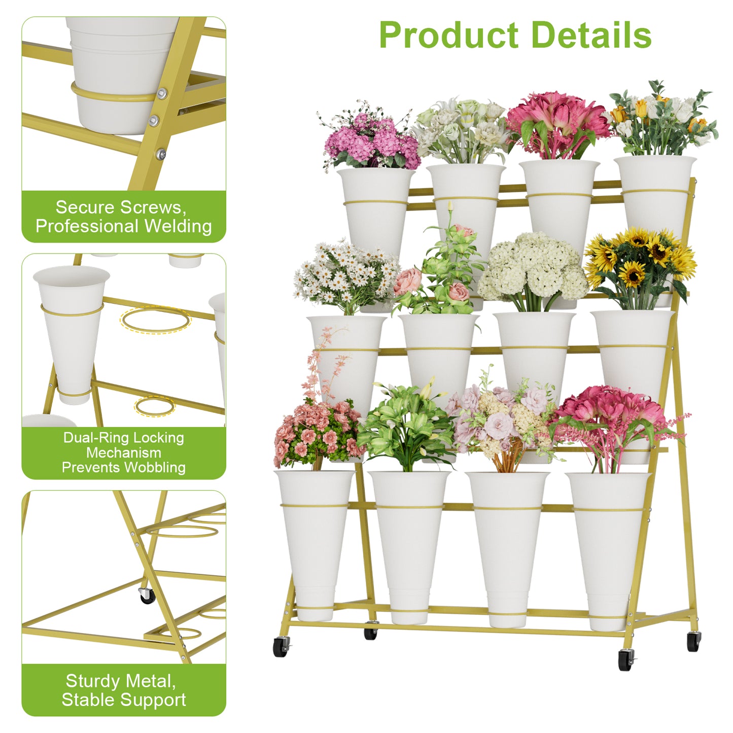Flower Stand, 3 Tier Flower Display Stand with 12 Buckets, Upgrade Double Circle No Shaking, Outdoor Flower Cart with Wheels for Patio, Garden, Shop, Wedding, Party, Exhibition, Indoor, Gold